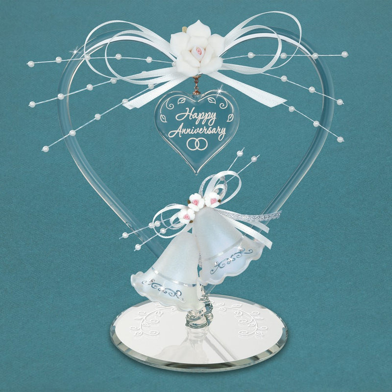 HAPPY ANNIVERSARY Heart and Bells Handcrafted Glass Figurine with Ribbon