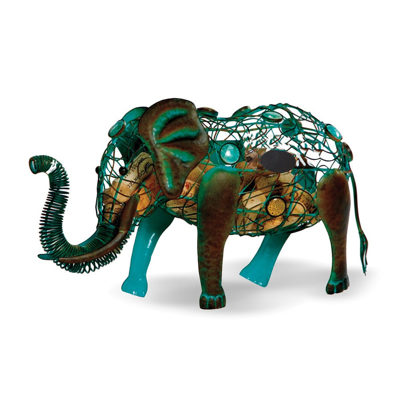 Handcrafted Patina Finish Metal Elephant Cork Caddy with Beaded Jewel Accents