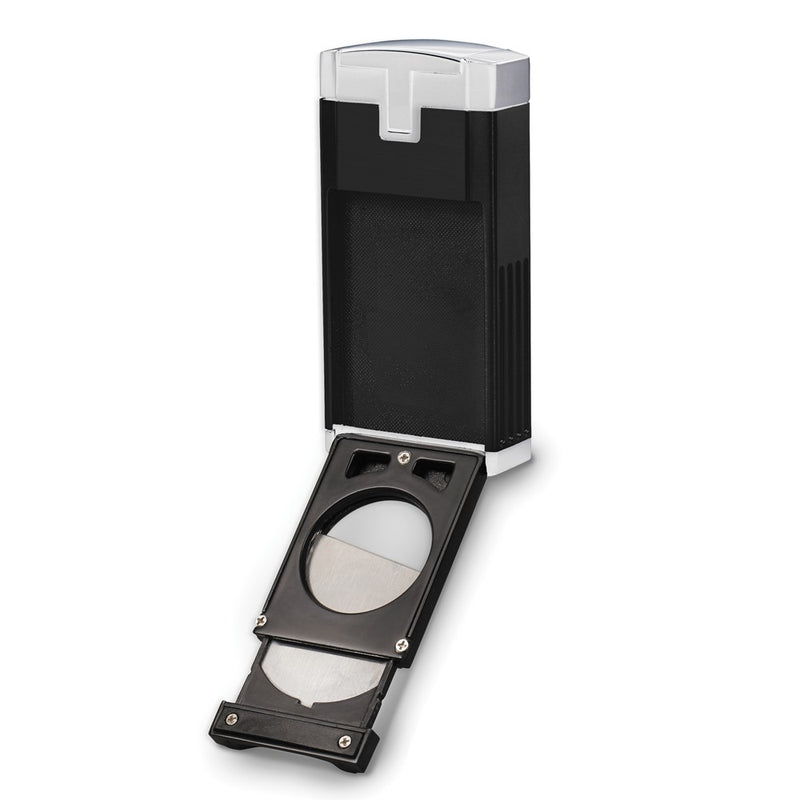 Lotus Duke Anodized Black Matte and Chrome Satin Triple Pinpoint Flame Lighter with Fold-out 60 Ring Gauge Cigar Cutter