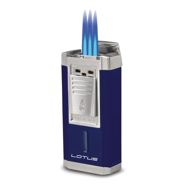 Lotus Duke Anodized Blue and Chrome Satin Triple Pinpoint Flame Lighter with Fold-out 60 Ring Gauge Cigar Cutter