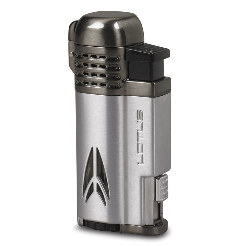Lotus Defiant Chrome Satin and Dark Gunmetal Satin Four Pinpoint Flame Torch Lighter with Retractable 10mm Cigar Punch