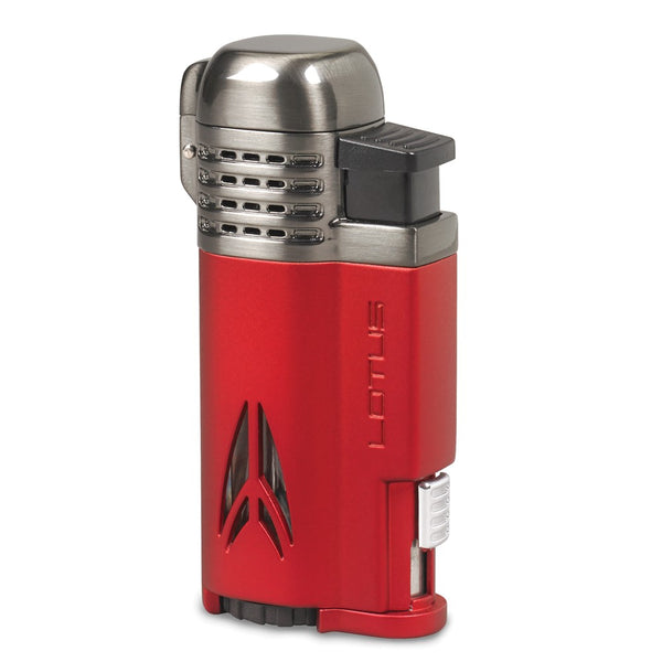 Lotus Defiant Red Matte Four Pinpoint Flame Torch Lighter with Retractable 10mm Cigar Punch