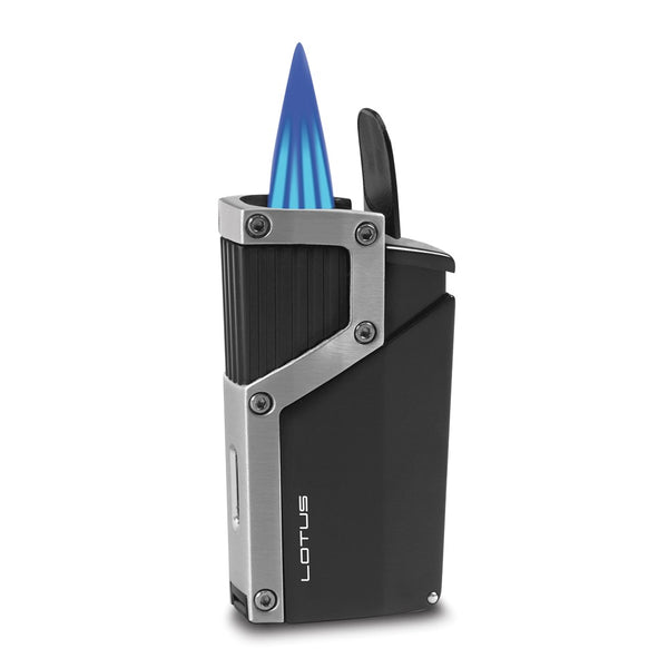 Lotus Czar Black Matte and Chrome Velour Quad Pinpoint Flame Torch Lighter with Fold-out 9mm Cigar Punch