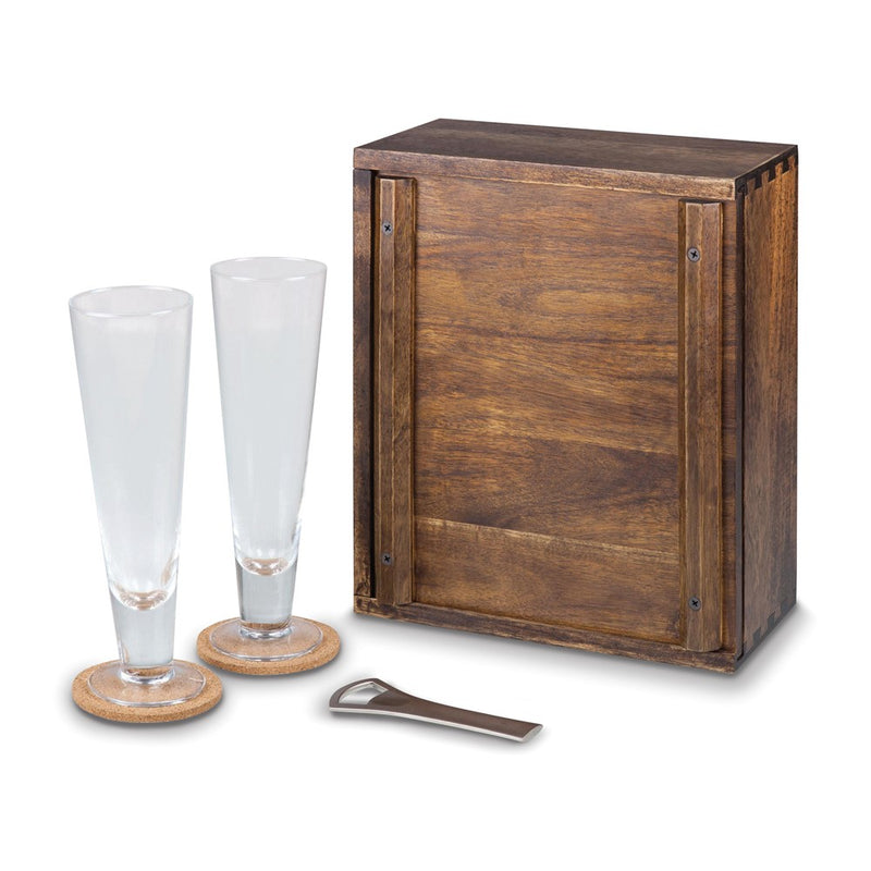 Pilsner Beer Serving Gift Set in Acacia Wood Box - Includes Two 12 ounce Glasses, 2 Cork Coasters, and Bottle Opener