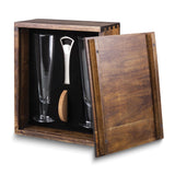 Pilsner Beer Serving Gift Set in Acacia Wood Box - Includes Two 12 ounce Glasses, 2 Cork Coasters, and Bottle Opener
