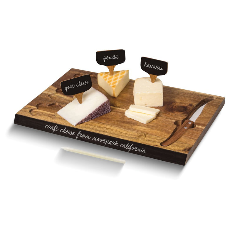 Delio Acacia Wood Serving Board with Knife, 3 Chalkboard Cheese Markers, and Soapstone Pencil