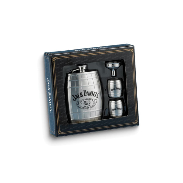 6 ounce Stainless Steel Jack Daniel's Barrel Flask Gift Set with 2 Shot Glasses and Funnel