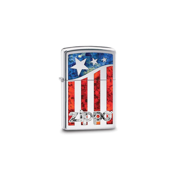 Zippo Logo High Polish Chrome Fusion American Flag Lighter