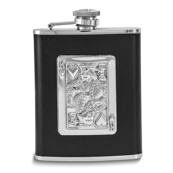 Silver-tone with Black Leather Embossed King of Hearts Design 6 ounce Flask