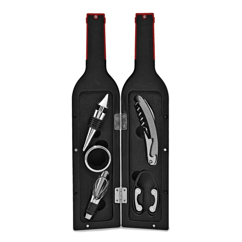 Wine Bottle-Shaped Storage Case with Wine Tools - Includes Waiter's Tool with Corkscrew, Bottle Stopper, Foil Cutter, Drip Collar and Wine Spout with Stopper