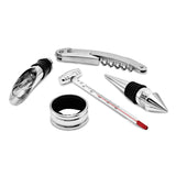 Five Piece Wine Gift Set in Wooden Box - Includes Bar Tool, Thermometer, Stopper, Pourer, and Drip Ring