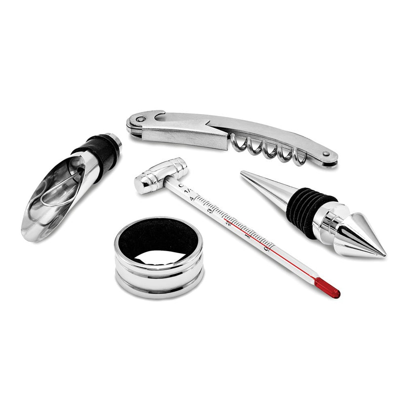 Five Piece Wine Gift Set in Wooden Box - Includes Bar Tool, Thermometer, Stopper, Pourer, and Drip Ring
