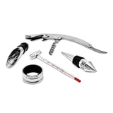 Five Piece Wine Gift Set in Wooden Box - Includes Bar Tool, Thermometer, Stopper, Pourer, and Drip Ring
