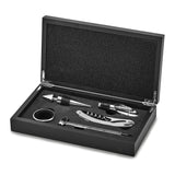 Five Piece Wine Gift Set in Wooden Box - Includes Bar Tool, Thermometer, Stopper, Pourer, and Drip Ring