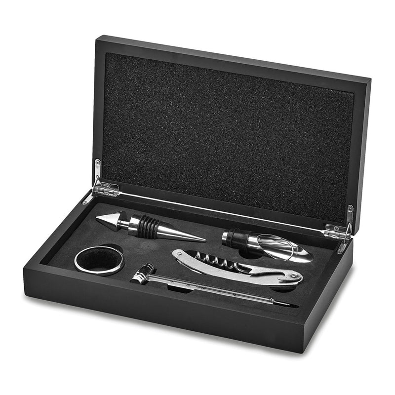 Five Piece Wine Gift Set in Wooden Box - Includes Bar Tool, Thermometer, Stopper, Pourer, and Drip Ring