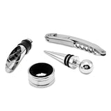 Four Piece Wine Gift Set in Faux Leather Case - Includes Bar Tool, Stopper, Pourer, and Drip Ring