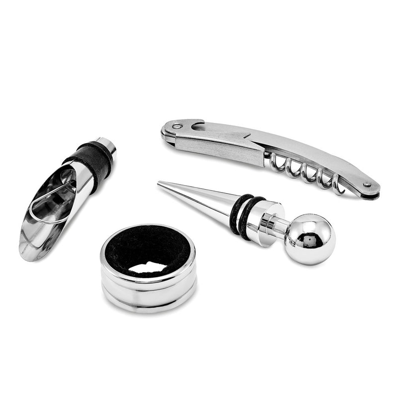 Four Piece Wine Gift Set in Faux Leather Case - Includes Bar Tool, Stopper, Pourer, and Drip Ring