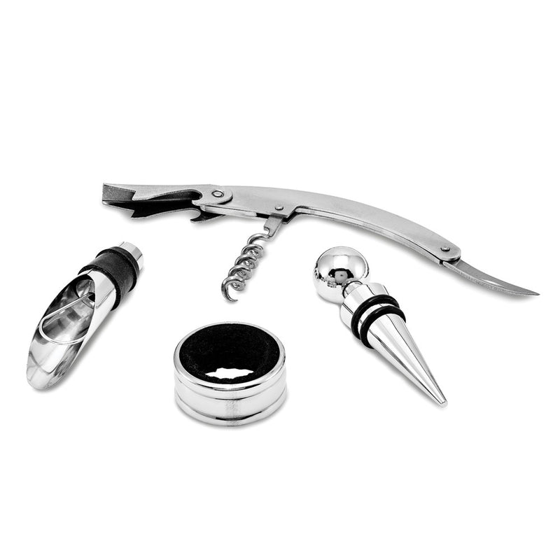 Four Piece Wine Gift Set in Faux Leather Case - Includes Bar Tool, Stopper, Pourer, and Drip Ring