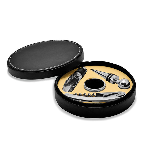 Four Piece Wine Gift Set in Faux Leather Case - Includes Bar Tool, Stopper, Pourer, and Drip Ring