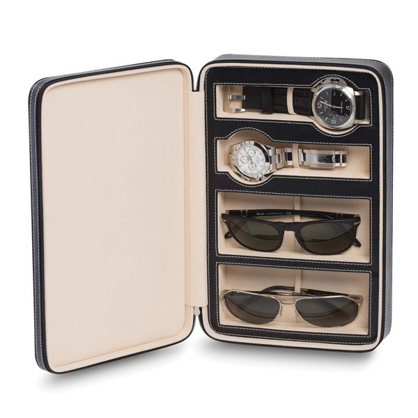 Black Leather Watch, Eyeglass and Sunglass Travel Case