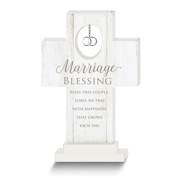 MARRIAGE BLESSING 6 inch Standing Wooden Cross with Double Rings Charm