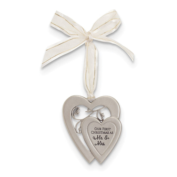 Silver-tone OUR FIRST CHRISTMAS AS MR. AND MRS. Double Heart Ornament On Ribbon