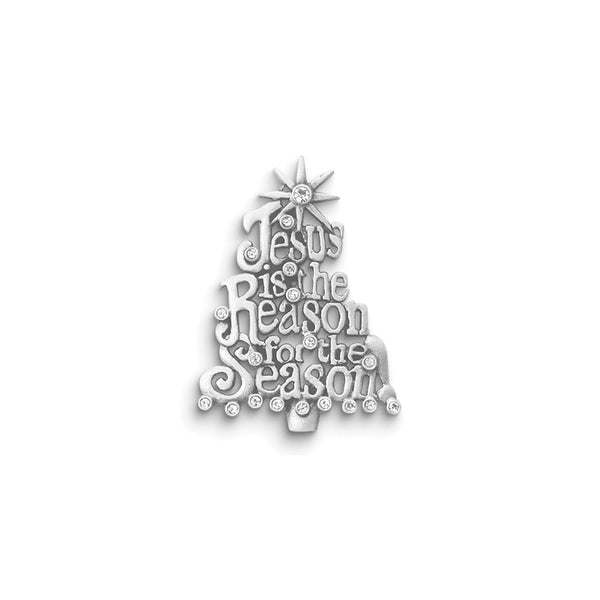 Pewter Finish Crystal Pave JESUS IS THE REASON FOR THE SEASON Tree Pin Gift Boxed