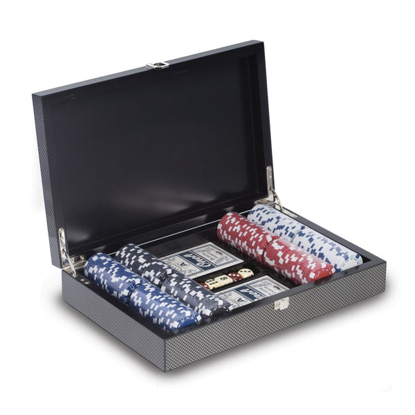 Carbon Fiber Case 200 Clay Composite Chips/2 Card Decks/5 Dice Poker Set