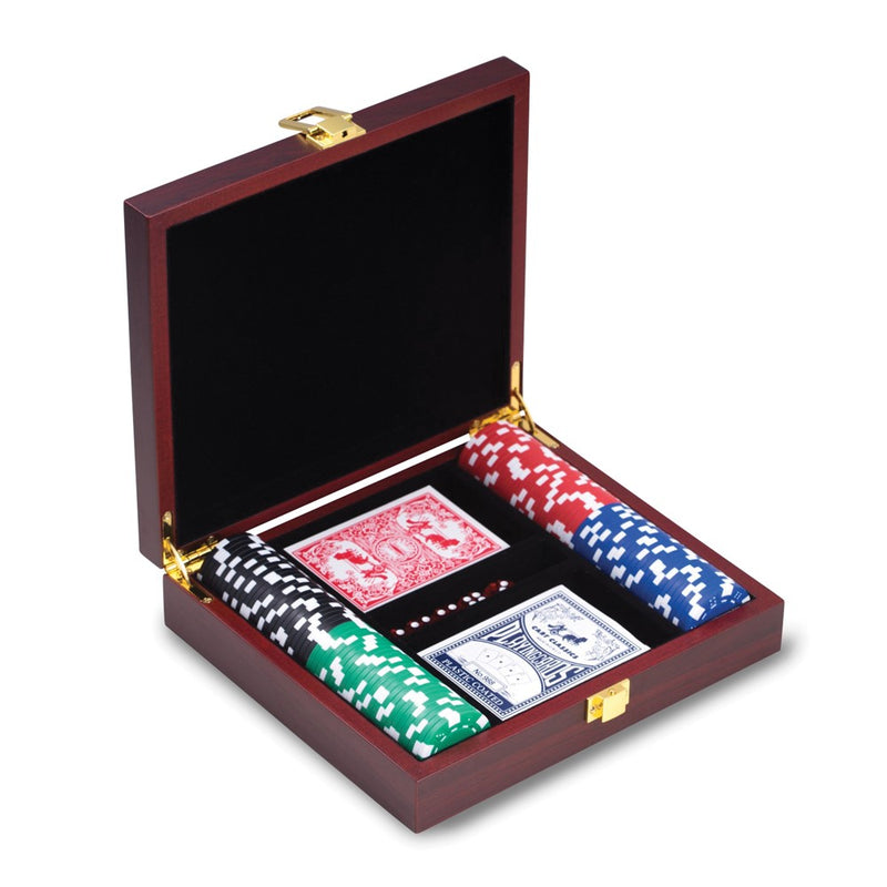 Cherry Finish Wood Case 100 Clay Composite Chips/2 Card Decks/5 Dice Poker Set