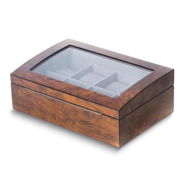 Brown Burlwood Finish 8-Watch Case w/Glass Window