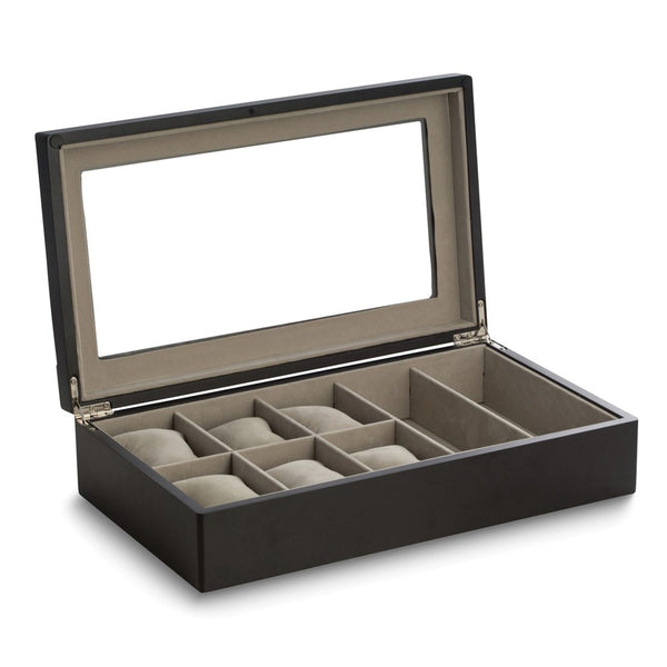 Matte Black Wood Finish 6-Wrist Watch and 2-Eyeglass Case w/Glass Top