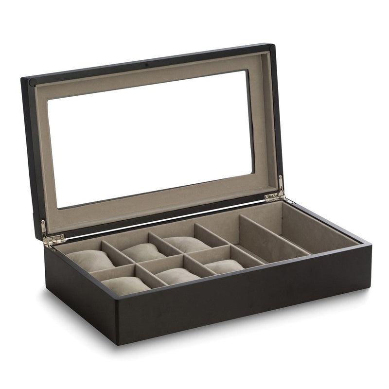 Matte Black Wood Finish 6-Wrist Watch and 2-Eyeglass Case w/Glass Top