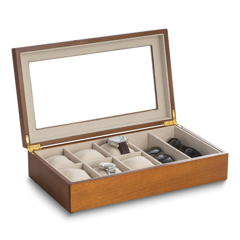 Matte Cherry Wood Finish 6-Wrist Watch and 2-Eyeglass Case w/Glass Top