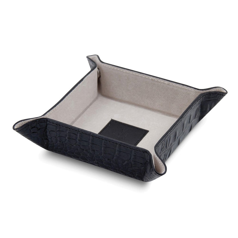 Black Croco Textured Leather Snap Valet Tray