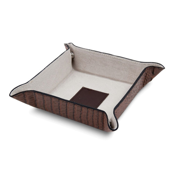 Brown Croco Textured Leather Snap Valet Tray