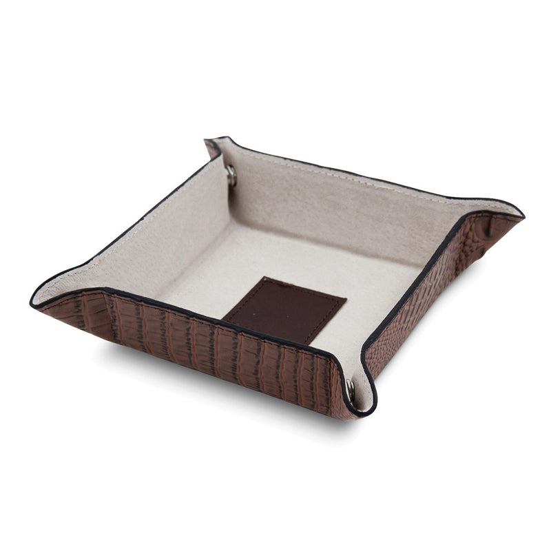 Brown Croco Textured Leather Snap Valet Tray