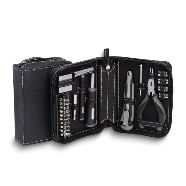 Black Leatherette Case 22-Piece Tool Set with Hammer/Pliers and Wire Cutter/Socket Set/Tape Measure/Utility Knife/Screwdrivers