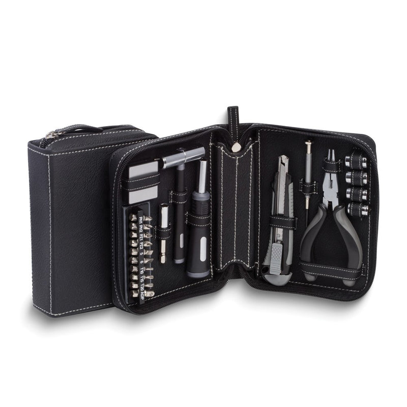 Black Leatherette Case 22-Piece Tool Set with Hammer/Pliers and Wire Cutter/Socket Set/Tape Measure/Utility Knife/Screwdrivers