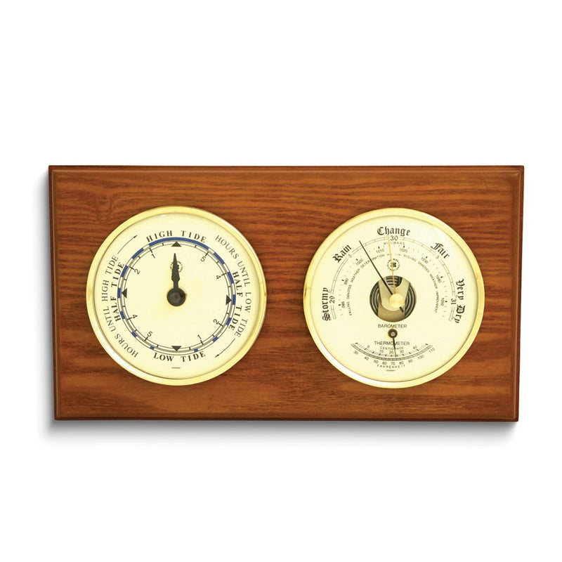 Oak Wood and Brass Tide Clock/Barometer/Thermometer