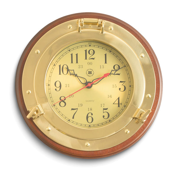 Dark Cherry Wood Brass Porthole Clock with Military Time