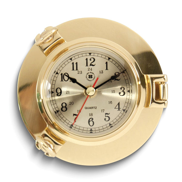 Lacquered Brass Porthole Quartz Clock with Beveled Glass and Military Time