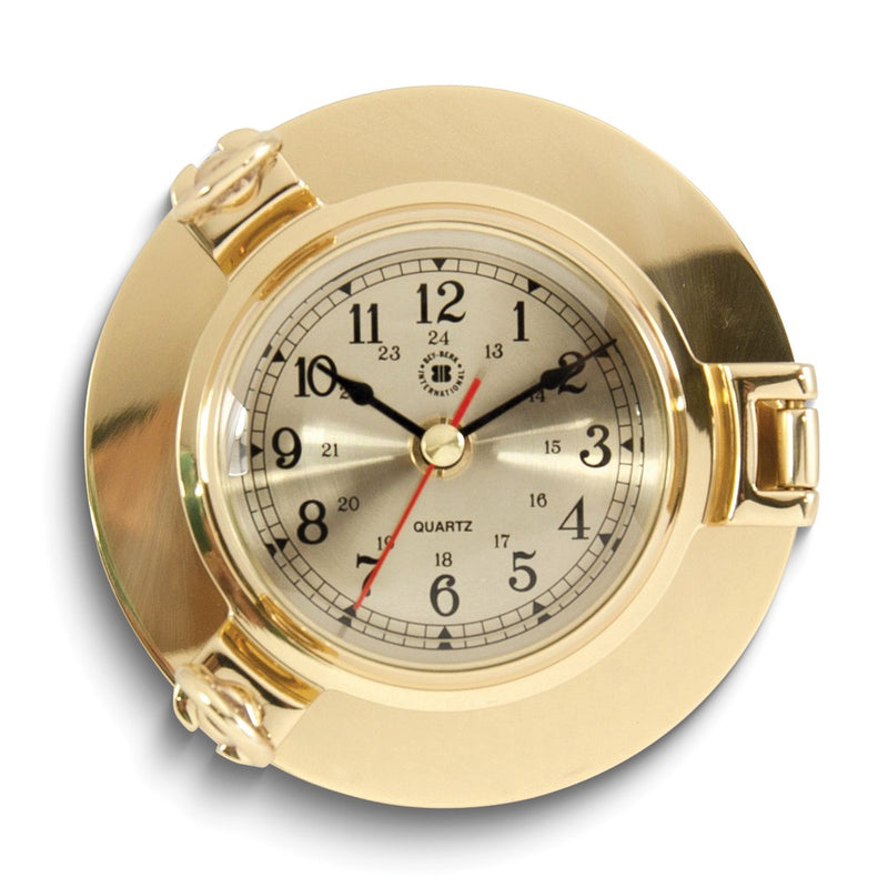 Lacquered Brass Porthole Quartz Clock with Beveled Glass and Military Time