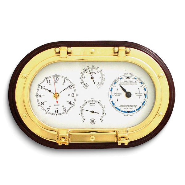 Mahogany and Solid Brass Porthole Clock/Tide Clock/Thermometer/Hygrometer