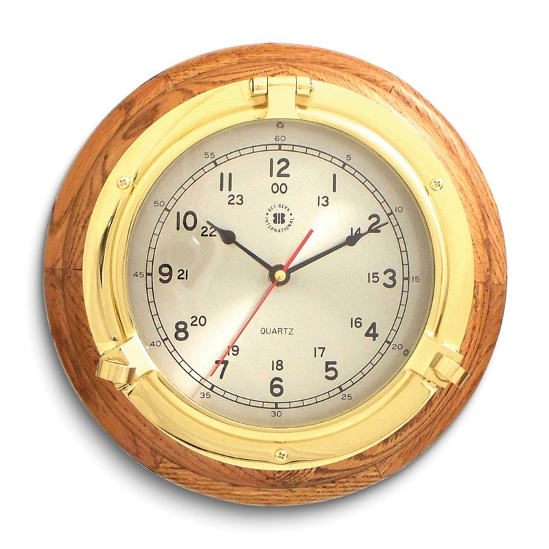 Oak Wood Lacquered Brass Porthole Quartz Clock with Military Time