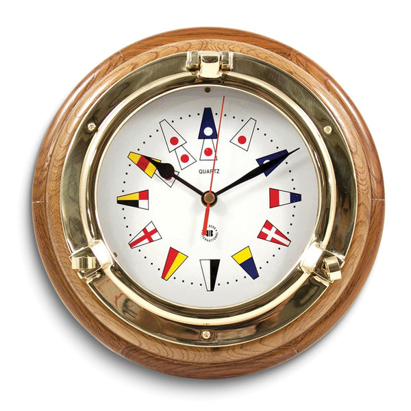 Oak Wood Lacquered Brass Porthole Quartz Clock with Nautical Flags Dial