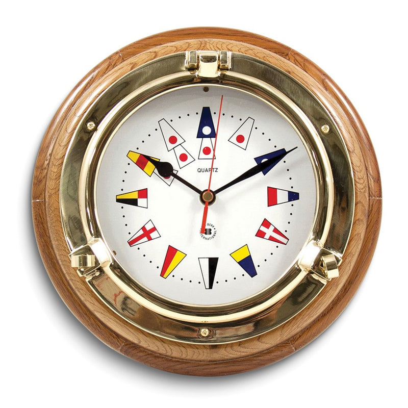 Oak Wood Lacquered Brass Porthole Quartz Clock with Nautical Flags Dial