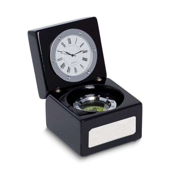 Compass and Clock in Lacquered Black Finish Wood Hinged Box with Engraving Plate