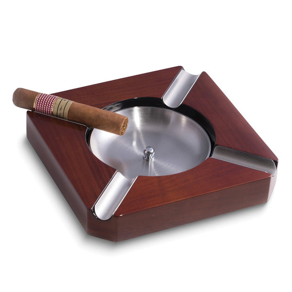 Lacquered Walnut Wood 4-Cigar Ashtray with Removable Stainless Steel Center