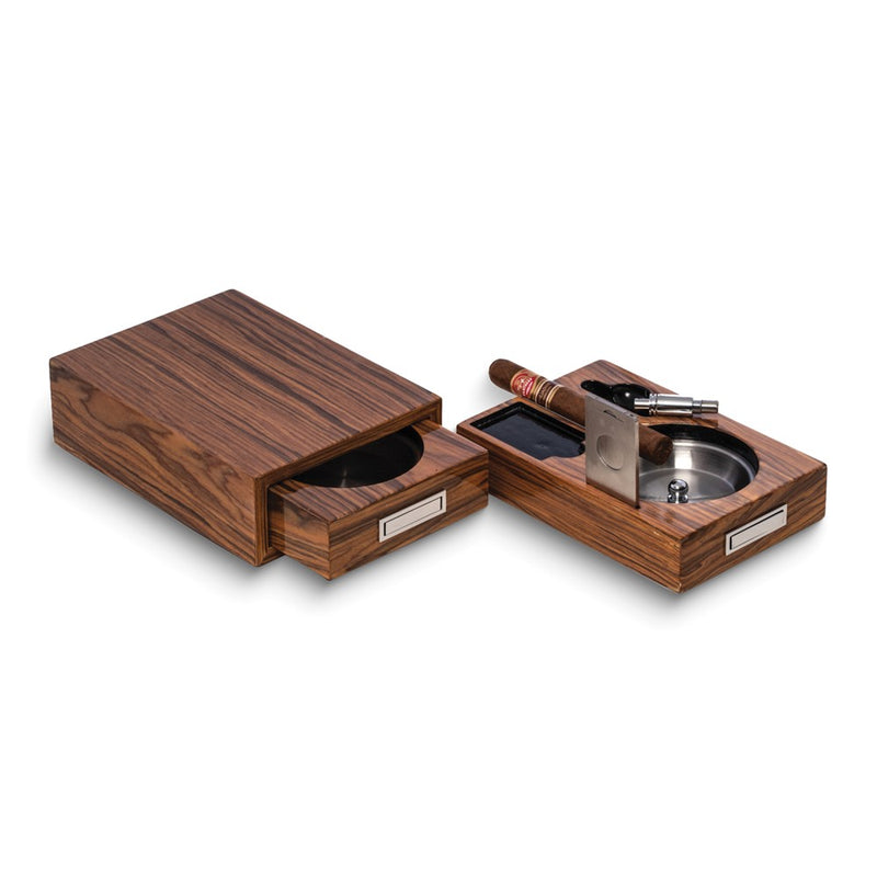 Olive Wood Color Finish Slide-out Ashtray with Cigar Cutter and Punch