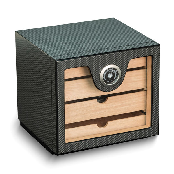 Carbon Fiber Matte Finish Wood Glass Door 75-Cigar Humidor with 4-Drawers, Spanish Cedar Lining and Hygrometer